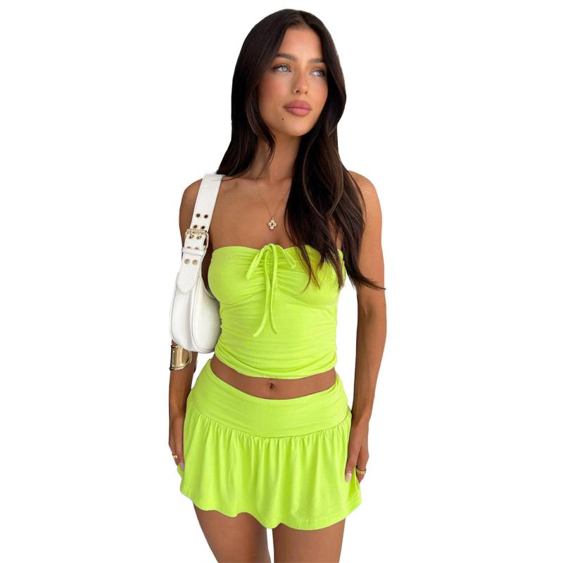 ShinyGreen Off Shoulder Bandage Tube Top Pleated Culottes Two-Piece Skirt Set