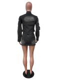 Black Two Pieces Denim Embroidered Jacket Skirt Suit Mini Dress