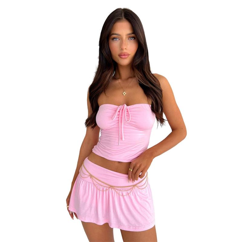 Pink Off Shoulder Bandage Tube Top Pleated Culottes Two-Piece Skirt Set