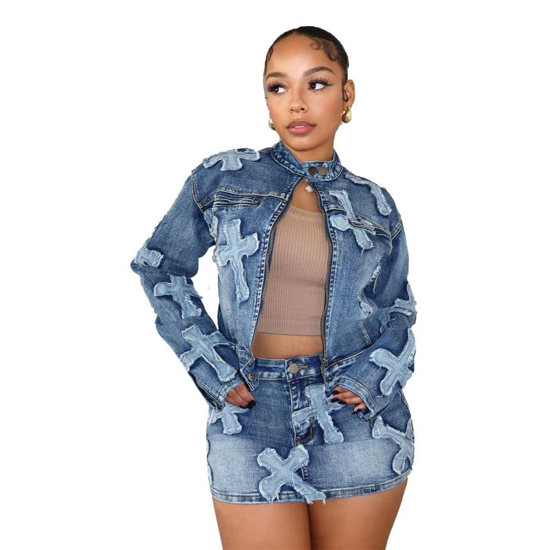 Blue Two Pieces Denim Embroidered Jacket Skirt Suit Mini Dress