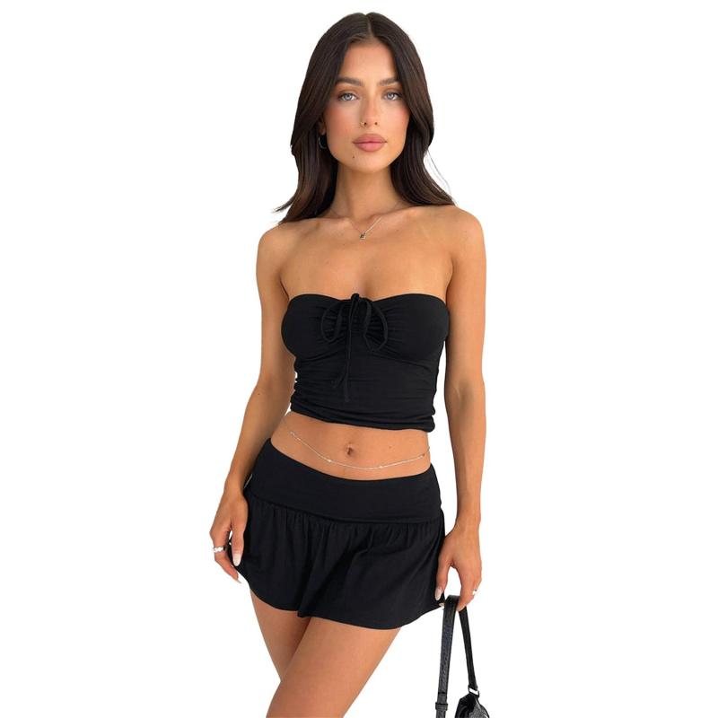 Black Off Shoulder Bandage Tube Top Pleated Culottes Two-Piece Skirt Set