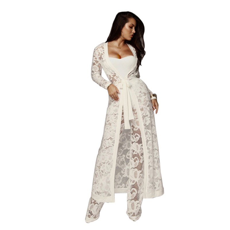 White Long Sleeve Lace See Through 3 Pieces Hollow Sexy Casual Dress Suits