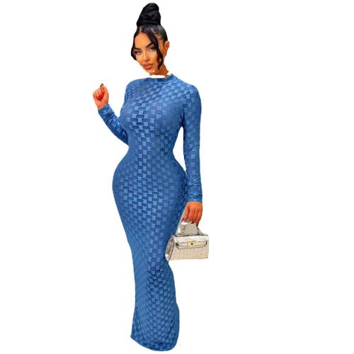 Blue Mesh Grid Long Sleeve See Through Bodycon Long Dress