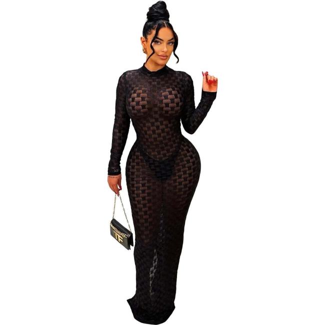 Black Mesh Grid Long Sleeve See Through Bodycon Long Dress