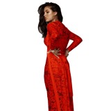 Red Long Sleeve Lace See Through 3 Pieces Hollow Sexy Casual Dress Suits