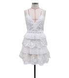 White Straps V Neck Lace Mesh Chiffon Cute Girl Skirt Dress
