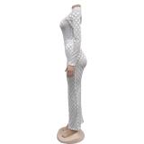 Silver Mesh Grid Long Sleeve See Through Bodycon Long Dress