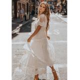 White Short Sleeve Lace V-Neck Summer Hot Fashion Long Dress