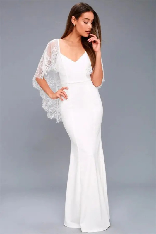 White Low Cut Lace See Through Elegant Lady Bodycon Formal Dress