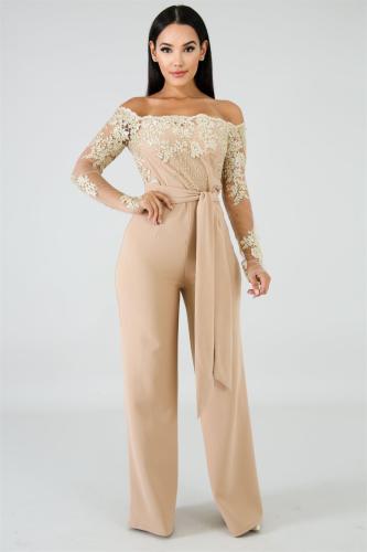 Beige Long Sleeve Off Shoulder Boat Neck Solubility Lace Wide Leg Jumpsuit