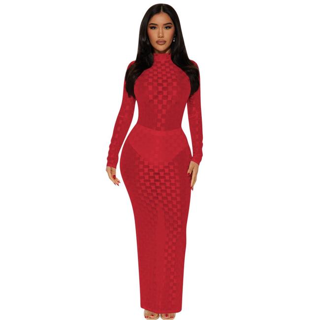 Red Mesh Grid Long Sleeve See Through Bodycon Long Dress