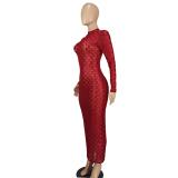 Red Mesh Grid Long Sleeve See Through Bodycon Long Dress
