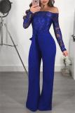 Blue Long Sleeve Off Shoulder Boat Neck Solubility Lace Wide Leg Jumpsuit