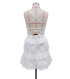 White Straps V Neck Lace Mesh Chiffon Cute Girl Skirt Dress