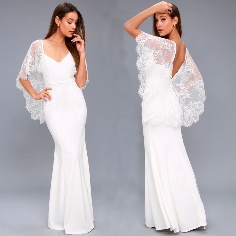 White Low Cut Lace See Through Elegant Lady Bodycon Formal Dress