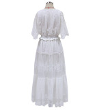 White Short Sleeve Lace V-Neck Summer Hot Fashion Long Dress