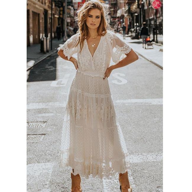 White Short Sleeve Lace V-Neck Summer Hot Fashion Long Dress
