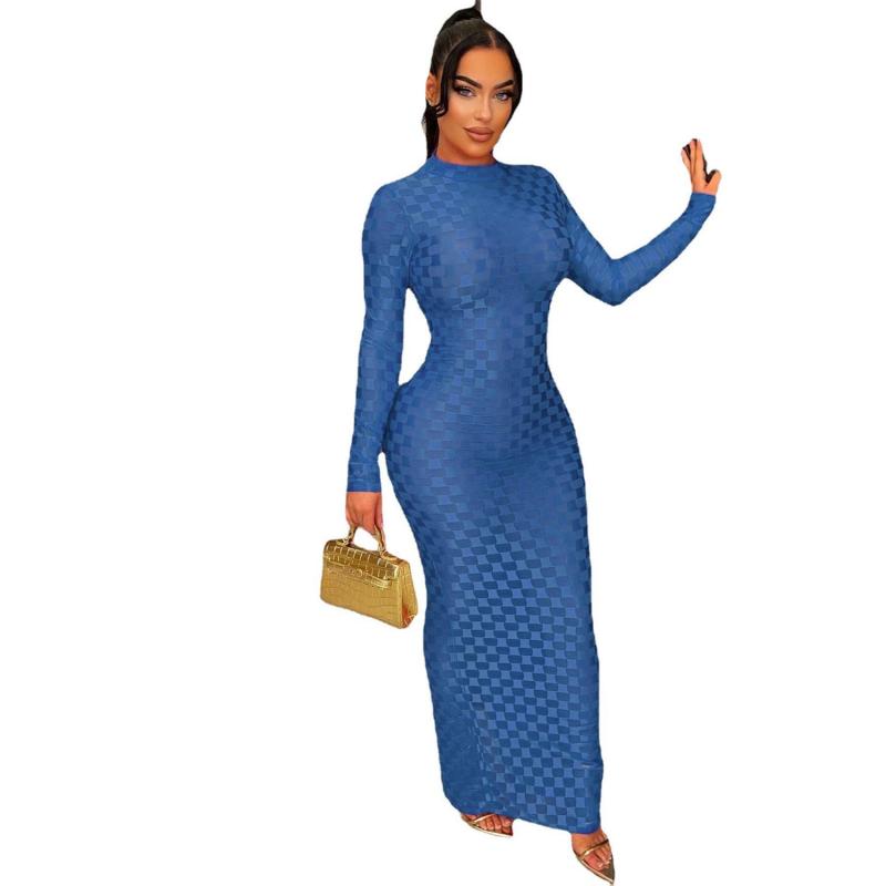 Blue Mesh Grid Long Sleeve See Through Bodycon Long Dress