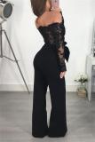 Black Long Sleeve Off Shoulder Boat Neck Solubility Lace Wide Leg Jumpsuit