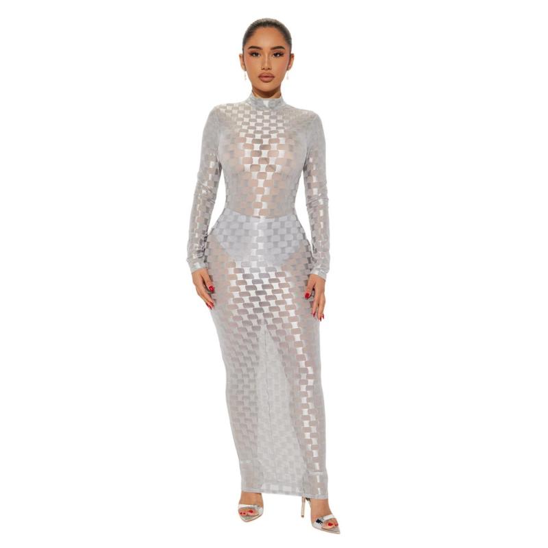 Silver Mesh Grid Long Sleeve See Through Bodycon Long Dress