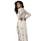 White Long Sleeve Lace See Through 3 Pieces Hollow Sexy Casual Dress Suits