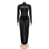 Black Mesh Grid Long Sleeve See Through Bodycon Long Dress