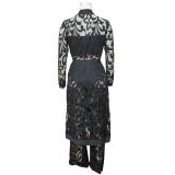 Black Long Sleeve Lace See Through 3 Pieces Hollow Sexy Casual Dress Suits