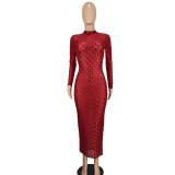Red Mesh Grid Long Sleeve See Through Bodycon Long Dress