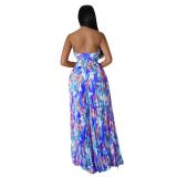 Blue Off Shoulder Printing Backless Wide Leg Jumpsuit Floral Dress