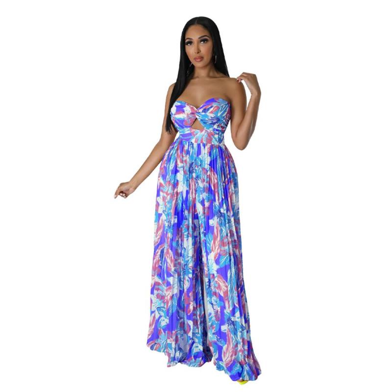Blue Off Shoulder Printing Backless Wide Leg Jumpsuit Floral Dress