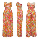 Orange Off Shoulder Printing Backless Wide Leg Jumpsuit Floral Dress