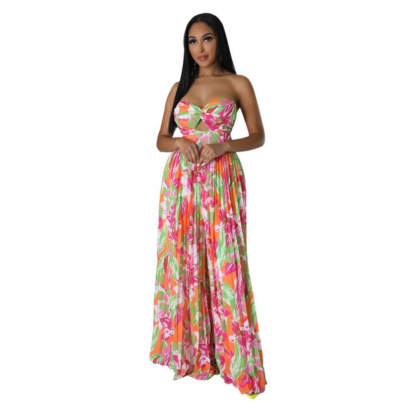 Orange Off Shoulder Printing Backless Wide Leg Jumpsuit Floral Dress