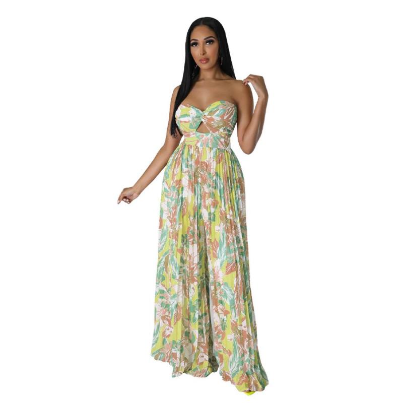 Green Off Shoulder Printing Backless Wide Leg Jumpsuit Floral Dress