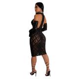 Black Sequins Mesh See Through Bodycon Midi Dress with Golves