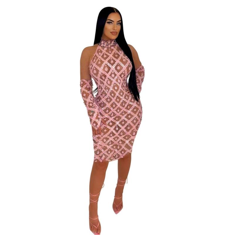 Pink Sequins Mesh See Through Bodycon Midi Dress with Golves
