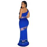Blue Sleeveless Boat Neck Halter Mesh Rhinestone Formal Long Dress