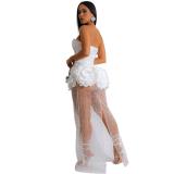 White Off Shoulder Waisted Sexy Mesh Skirt Mini Dress