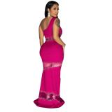 RoseRed Sleeveless Boat Neck Halter Mesh Rhinestone Formal Long Dress