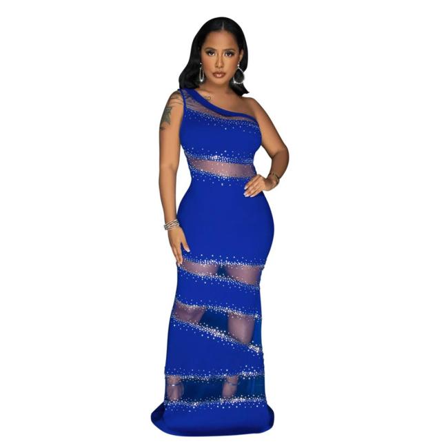 Blue Sleeveless Boat Neck Halter Mesh Rhinestone Formal Long Dress