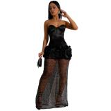 Black Off Shoulder Waisted Sexy Mesh Skirt Mini Dress