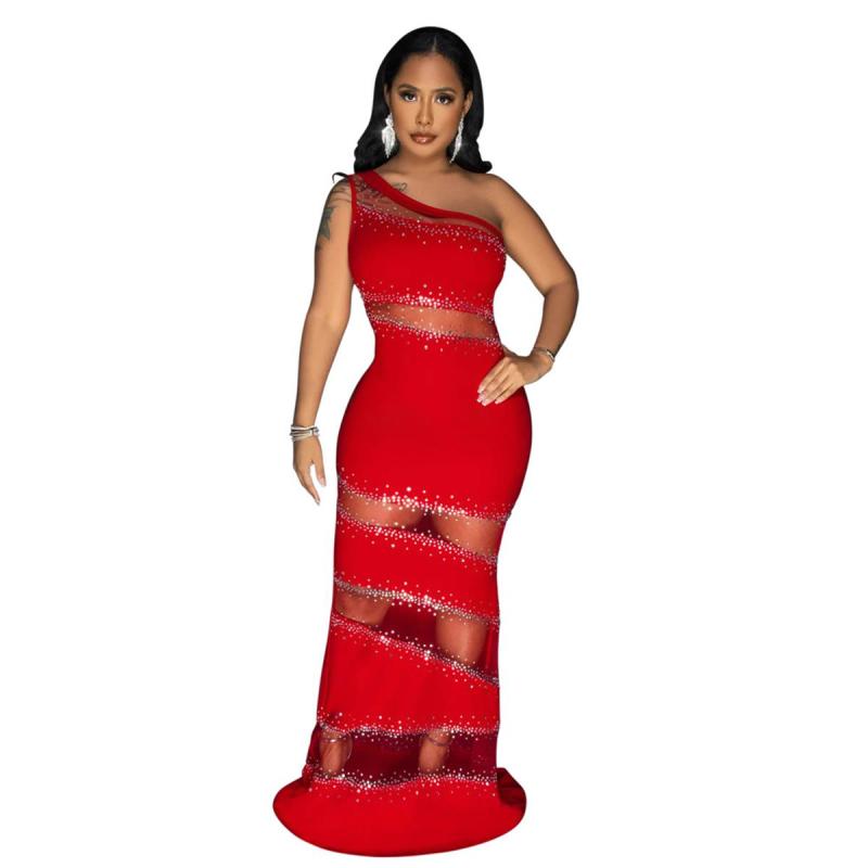 Red Sleeveless Boat Neck Halter Mesh Rhinestone Formal Long Dress