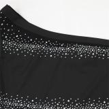 Black Sleeveless Boat Neck Halter Mesh Rhinestone Formal Long Dress
