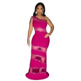 RoseRed Sleeveless Boat Neck Halter Mesh Rhinestone Formal Long Dress