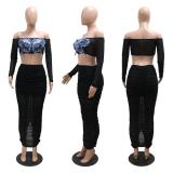 Black Off Shoulder Long Sleeve Mesh Sexy Tops Pleated Midi Dress