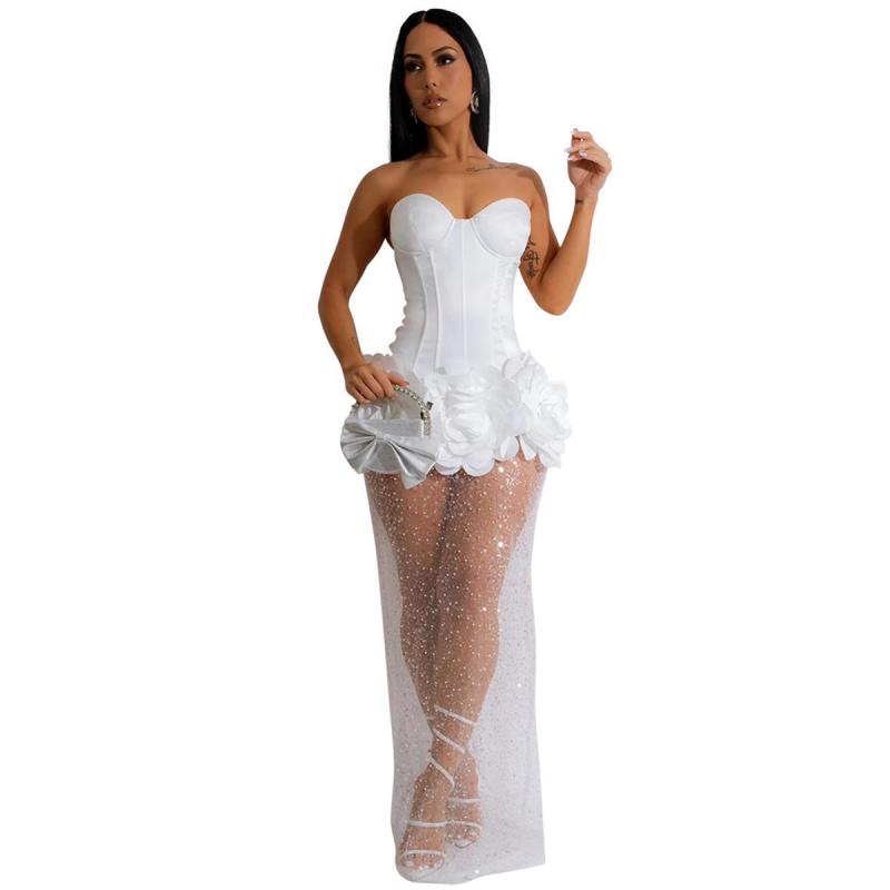 White Off Shoulder Waisted Sexy Mesh Skirt Mini Dress