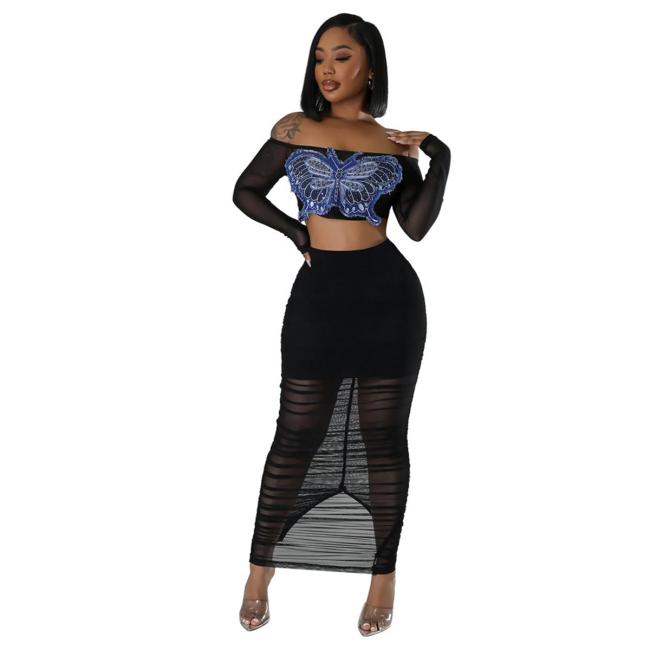 Black Off Shoulder Long Sleeve Mesh Sexy Tops Pleated Midi Dress