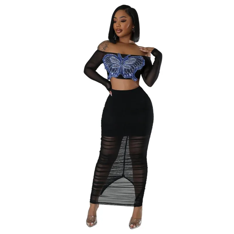Black Off Shoulder Long Sleeve Mesh Sexy Tops Pleated Midi Dress