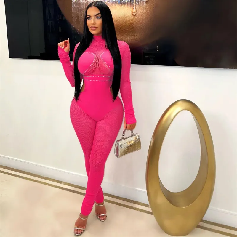 RoseRed Lace Long Sleeve Sexy See Through Long Club Sexy Jumpsuit