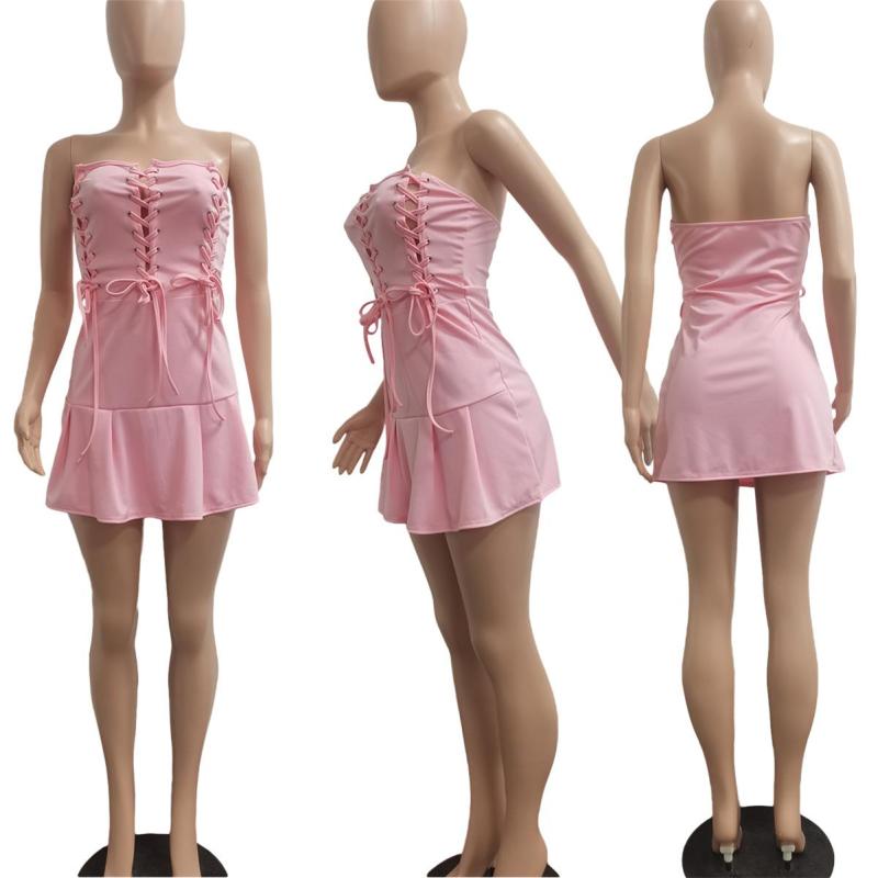 Pink Off Shoulder Sleeveless Lace Up Bandage Mini Dress