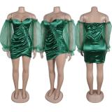 Green Off Shoulder Mesh Long Sleeve Button Pleated Night Club Mini Dress